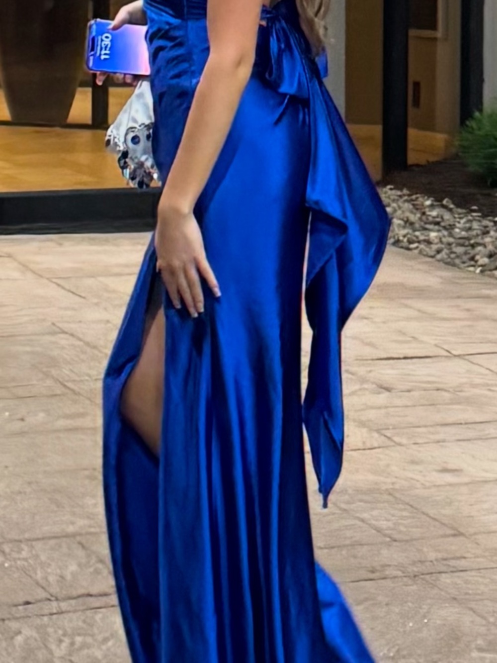 Jovani Royal Blue Satin Maxi Gown with Side Drape